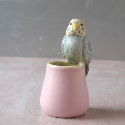 セキセイインコの一輪挿し （陶器の小鳥オブジェ） 一輪挿し
