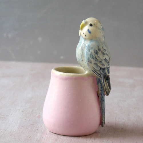 セキセイインコの一輪挿し （陶器の小鳥オブジェ） 一輪挿し
