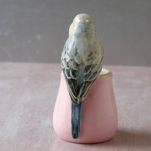 セキセイインコの一輪挿し （陶器の小鳥オブジェ） 一輪挿し