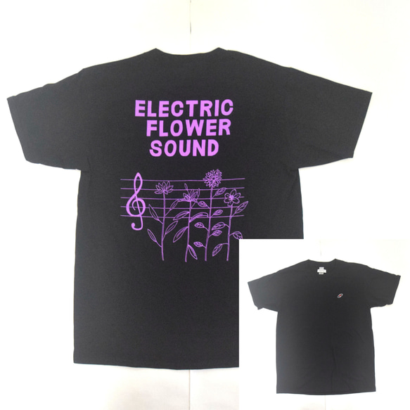 「レコードワッペン半袖Tシャツ（ELECTRIC FLOWER）」 ブラック Mサイズ WATERFALLオリジナル 1枚目の画像
