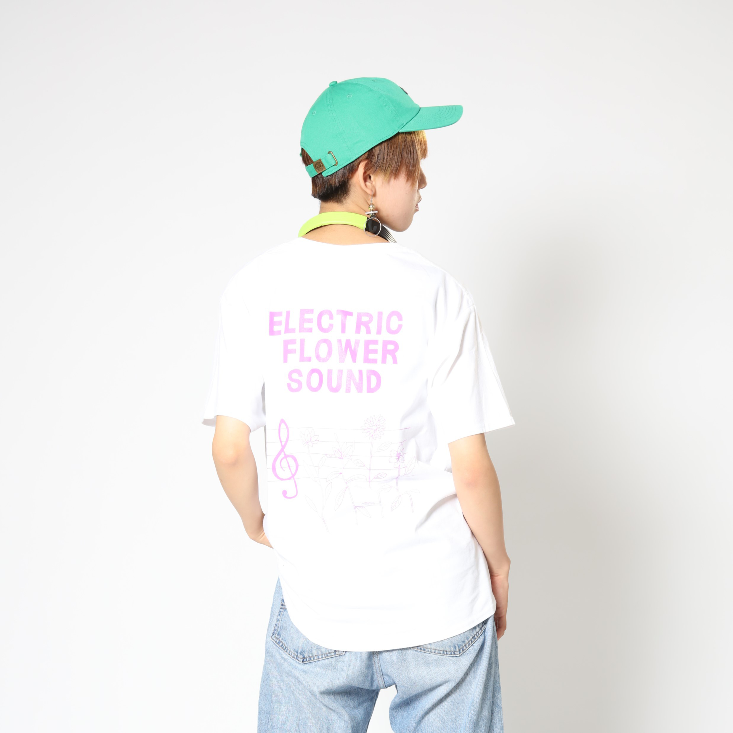 「レコードワッペン半袖Tシャツ（ELECTRIC FLOWER）」 ホワイト Sサイズ WATERFALLオリジナル