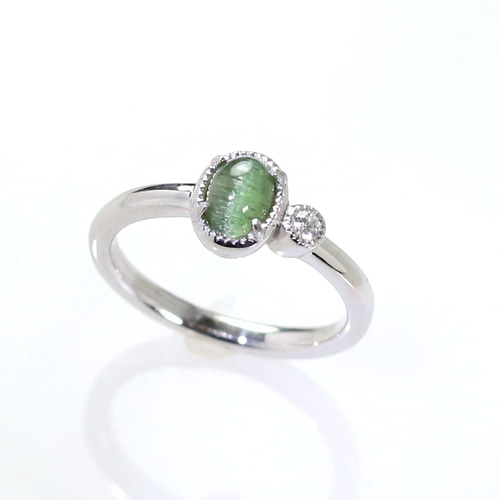Pt900 グリーントルマリン・キャッツアイリング 0.80ct 指輪