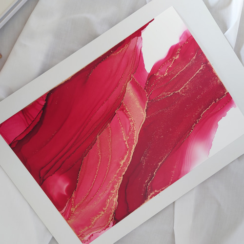 アルコールインクアート /シンプル/濃赤【A4原画】 その他アート