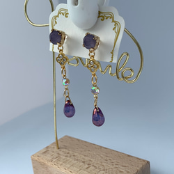 古代紫とジルコニアフラワーの耳飾り/ノンホールピアス アクリルストーン パープル 紫 花 四弁花 6枚目の画像