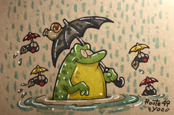 【濡れないように】　カエル　動物　イラスト　原画　アート 2枚目の画像