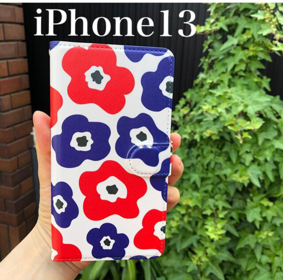 iPhone13ケース　手帳型ケース　花　北欧　花柄　フラワー　ネイビー　レッド 1枚目の画像