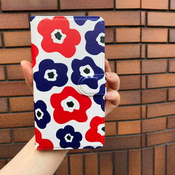 iPhone13ケース　手帳型ケース　花　北欧　花柄　フラワー　ネイビー　レッド 5枚目の画像