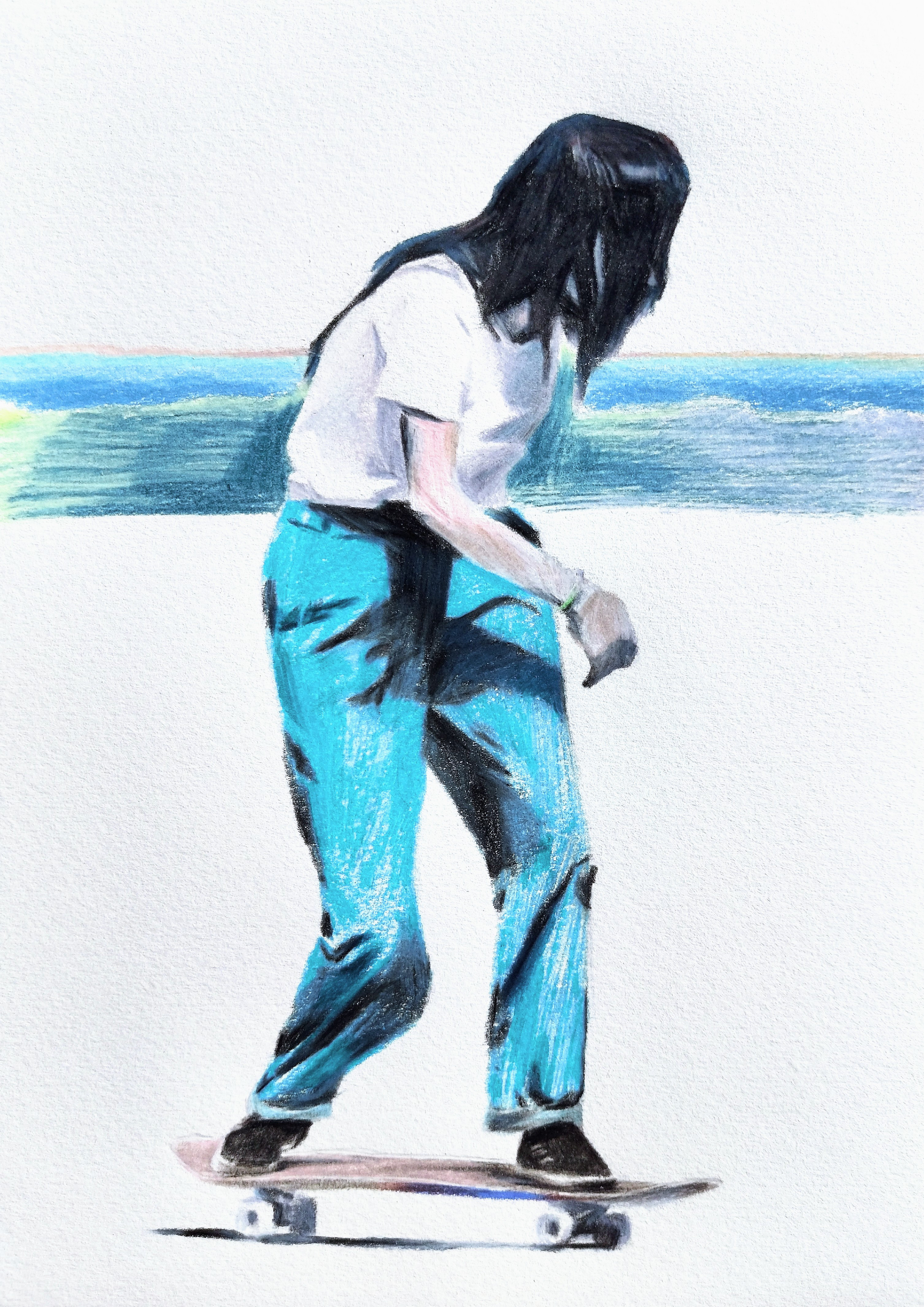 「空色デニムのスケーター」色鉛筆画　水彩紙