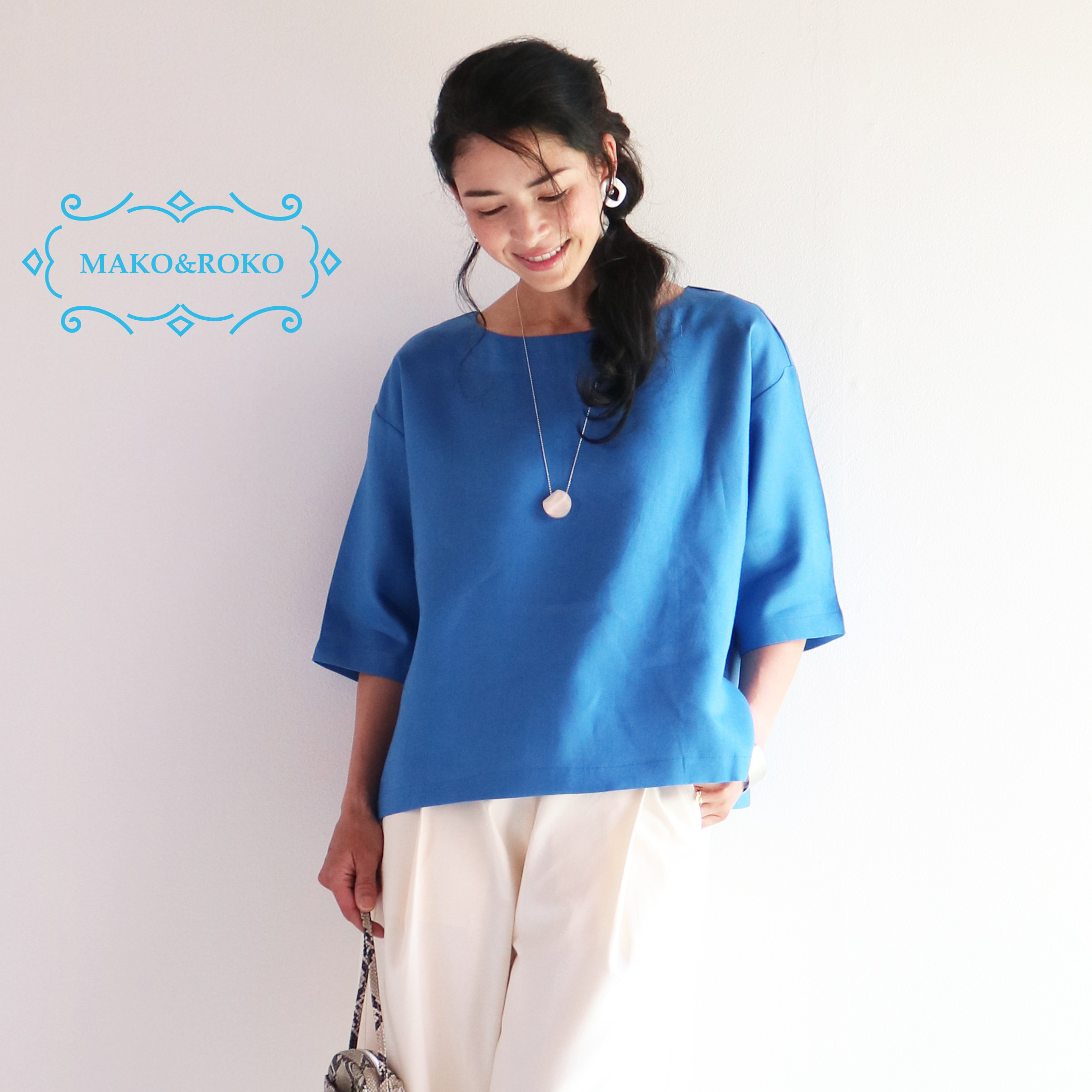 接触冷感【ロイヤルブルー】ラミーリネン100%ボートネックボックスプルオーバー♥