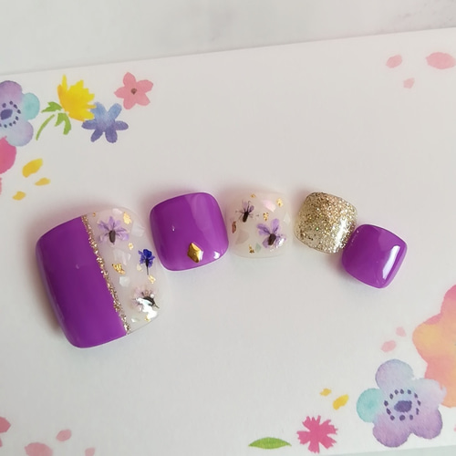 RUNA♪フットネイル♡ラベンダーパープルの押し花ネイルチップ♪ドライ  