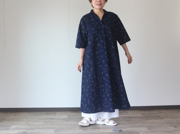 着物リメイク 十字模様しじら織り丸襟前後タックワンピース 着物リメイク 十字模様しじら織り丸襟前後タックワンピース
