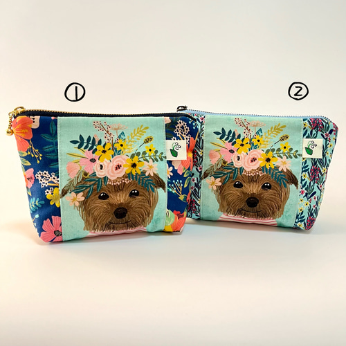 ふんわり♡マチ付き台形ファスナーポーチ 16cm□花冠 わんちゃん