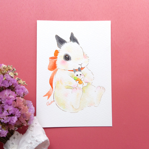 原画『抱っこシリーズ ライオンラビット』 透明水彩 イラスト 絵画