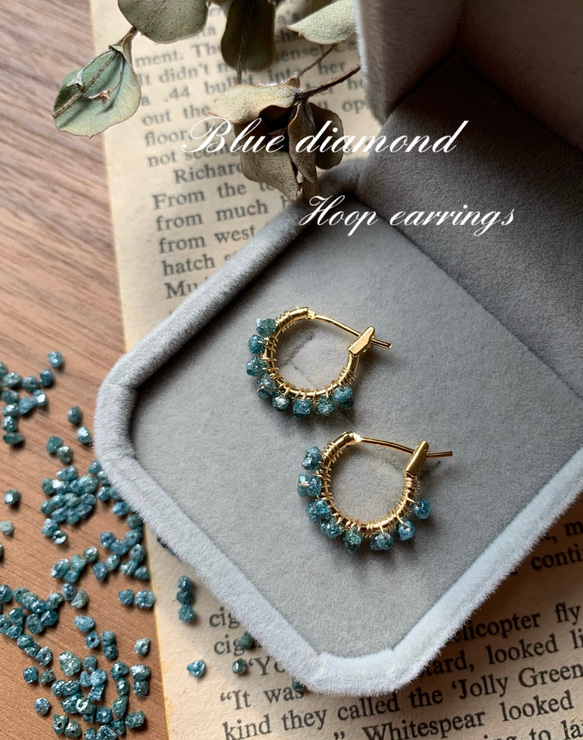 極小✨ ブルーダイヤモンド 原石 フープピアス k16gp ピアス（フープ  