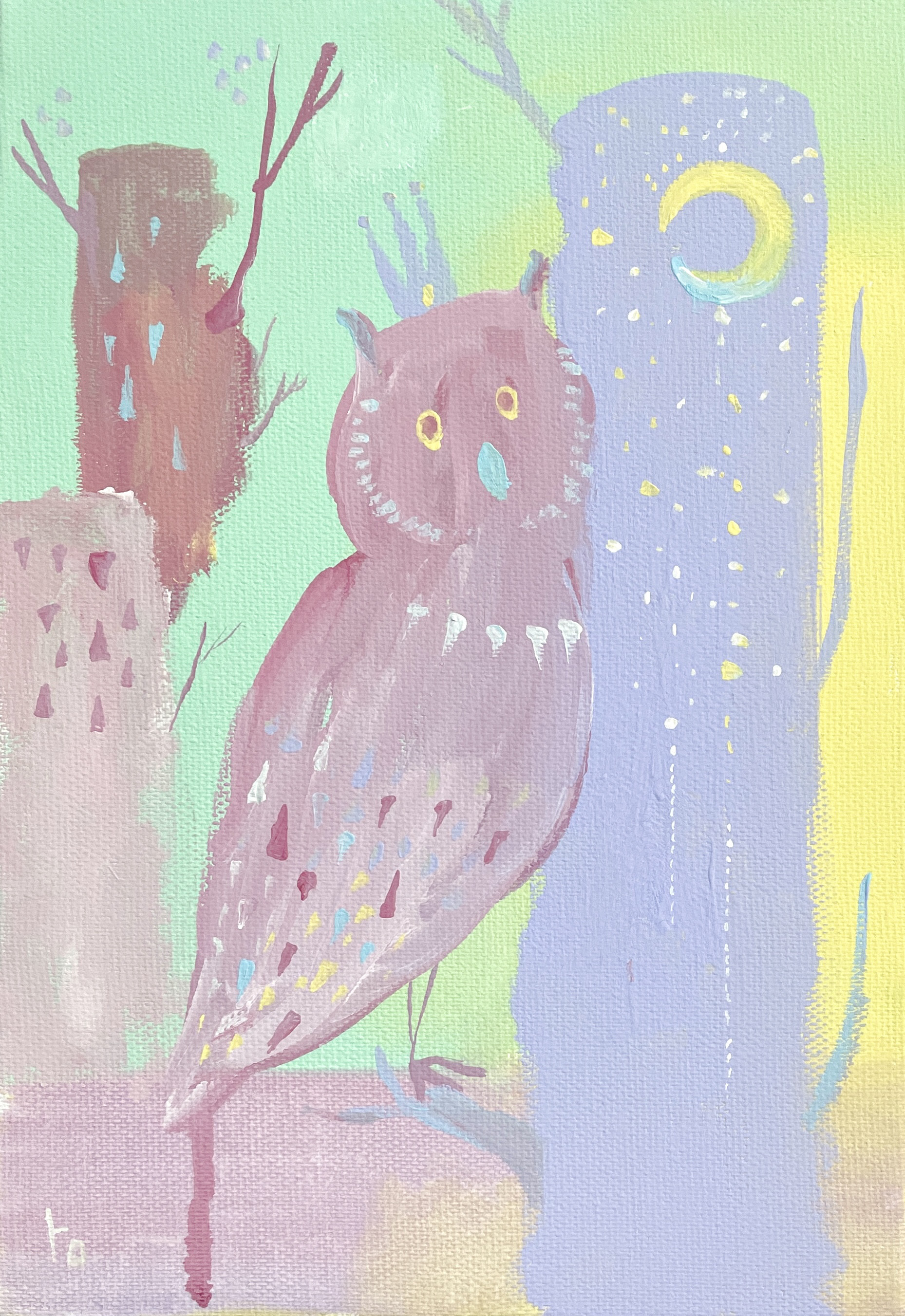 絵画 。壁掛け絵原画手描き【美しい月夜、猫たちとフクロウのデート】 絵画。原画【フクロウと猫は良い友達です】の通販 by アカザ麦