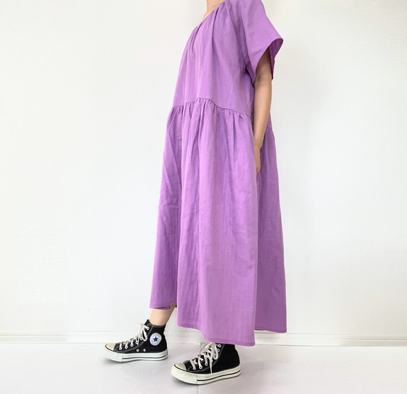 蓬鬆雙層紗*寬鬆短袖插肩連衣裙*100%純棉*簡約純色*薰衣草紫 第1張的照片