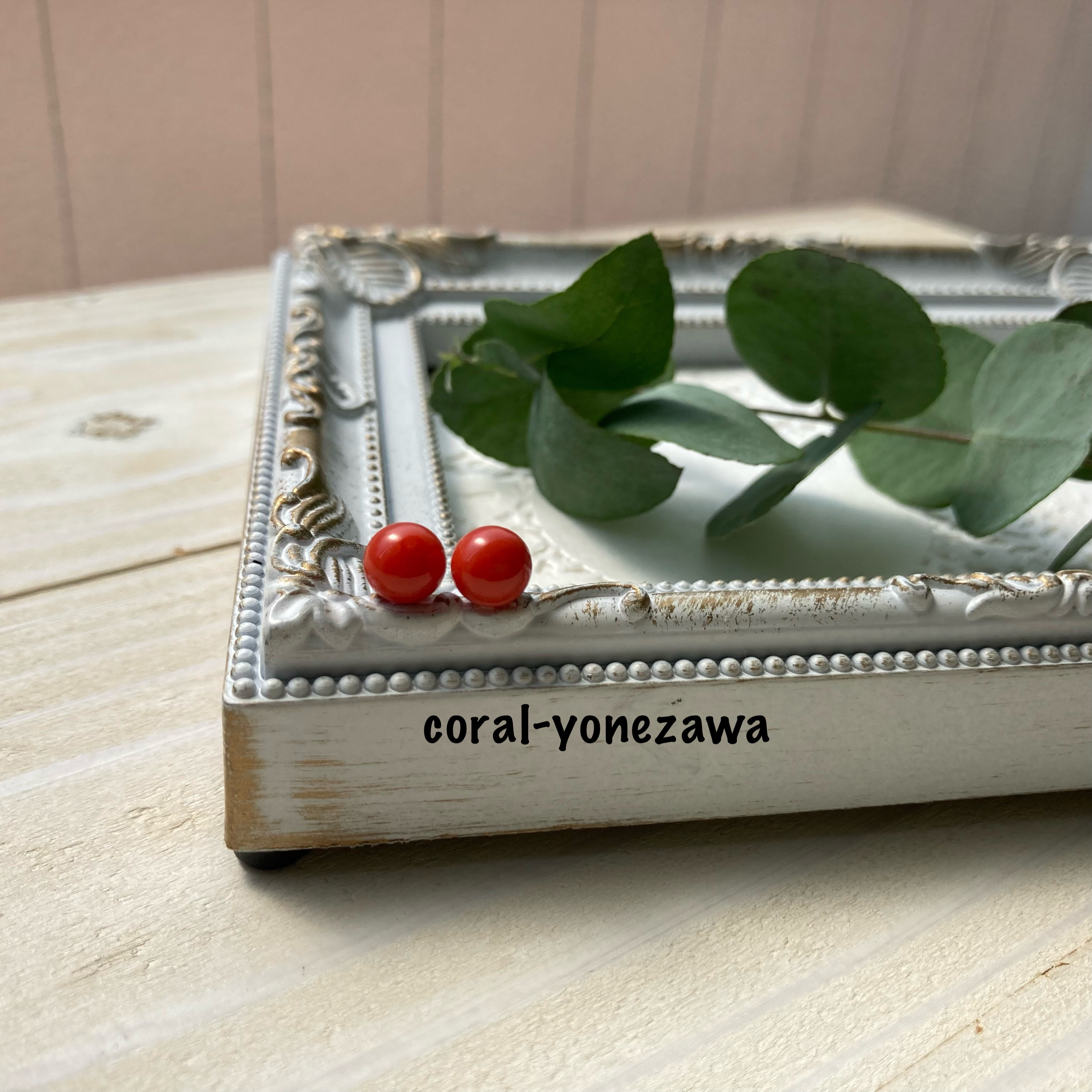 朱赤の珊瑚ピアス.k14ＷG.6.５ミリ玉