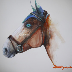 青い目の馬２０２２（高級水彩画用紙、４６ｃｍ×３８ｃｍ、墨、水彩、アクリル、パステル） 1枚目の画像