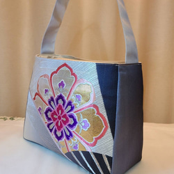 和風柄かラフル刺繍シルク着物帯のハンドバッグ 6枚目の画像