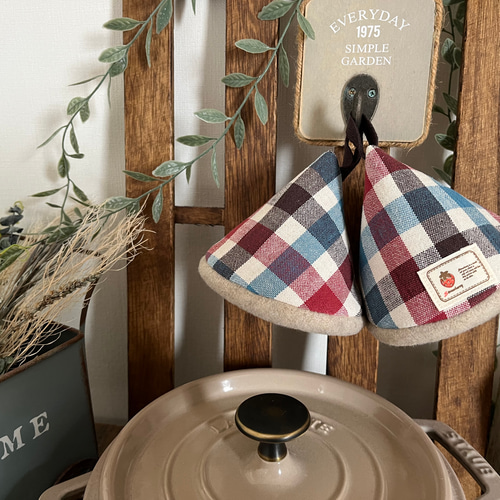 受注制作☆ 三角鍋つかみ 三角ミトン チェック ドット 鍋つかみ ミトン