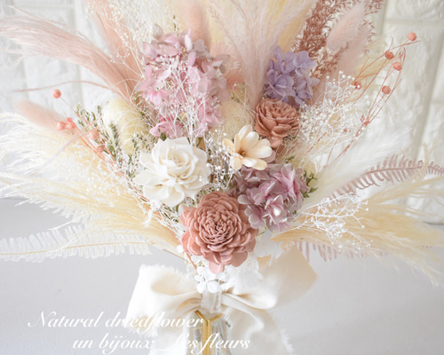 ウェディングブーケ ブートニア付き くすみピンク ドライフラワーブーケ 前撮り くすみピンク♡ドライフラワーブーケ&ブートニア♡の通販 by