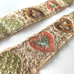 【50cm】インド刺繍リボン　ピンクxグリーン　ハート　オーガンジー　FO401 3枚目の画像