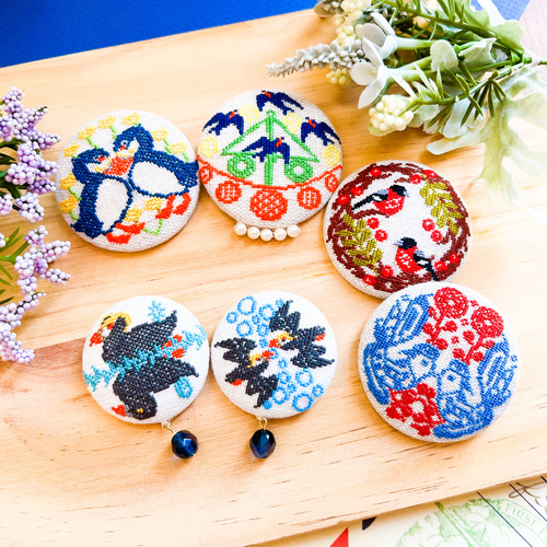 エトピリカ 海鳥 animals刺繍くるみボタンブローチ/ヘアゴム