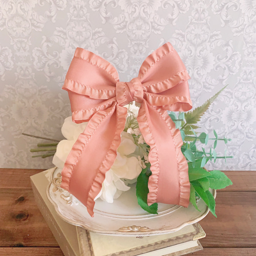 新品】 フリル 花柄 リボン くすみピンク ループ付 買い漁り