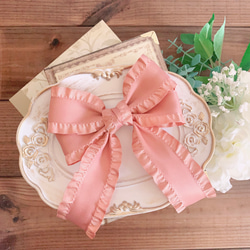 送料無料】ビッグダブルリボン フリルリボン くすみピンク