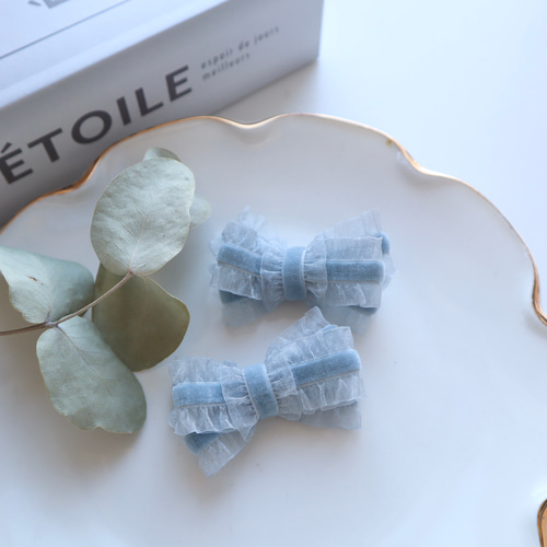 ベビーヘアクリップ♡オーガンジーリボン♡ライトブルー♡ フリフリ