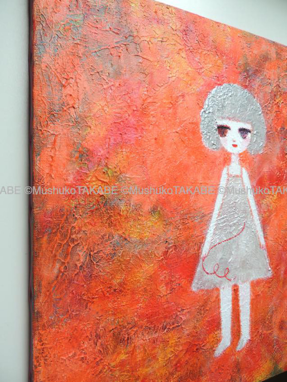 [my red yarn] #painting #絵 #アート #女の子 #赤い糸 #パールホワイトとシルバーでキラキラ 5枚目の画像
