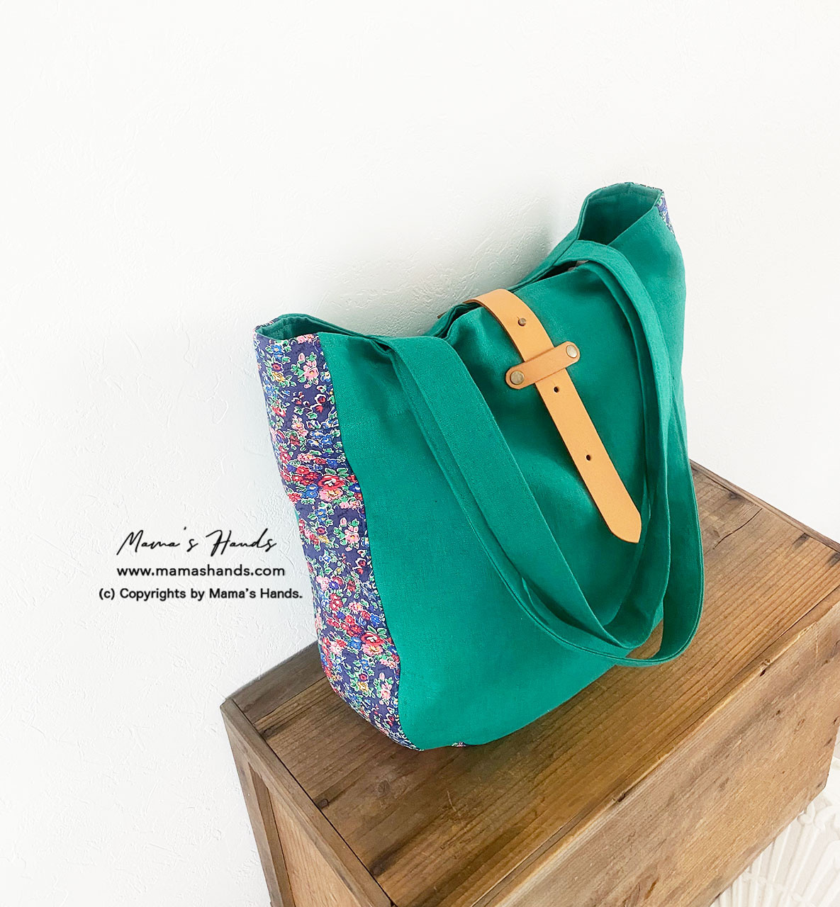 (掲載作品) ⭐️3点売れました⭐️リバティ x リネン 緑 北欧 ナチュラル ヌメ革 (中) 軽い トートバック