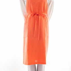 日本産リネン100% シンプルフルエプロン巻きスカートタイプ　オレンジ 2枚目の画像