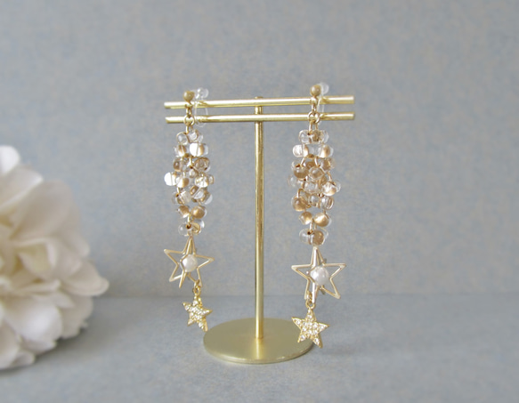 Clear beads×Double star earring*3946* 2枚目の画像