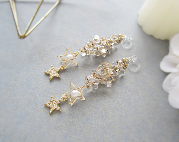 Clear beads×Double star earring*3946* 4枚目の画像