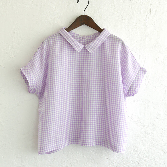 亞麻小領套頭衫（方格/薰衣草紫）TP23。 第8張的照片