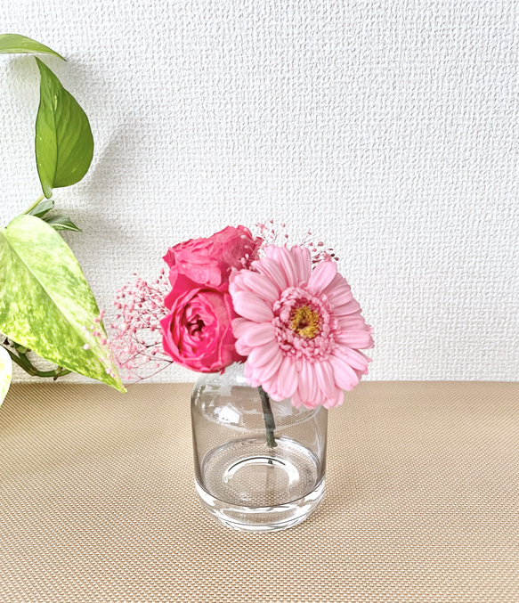 プリザーブドフラワーの花瓶活け（水替え不要）　ピンク 3枚目の画像