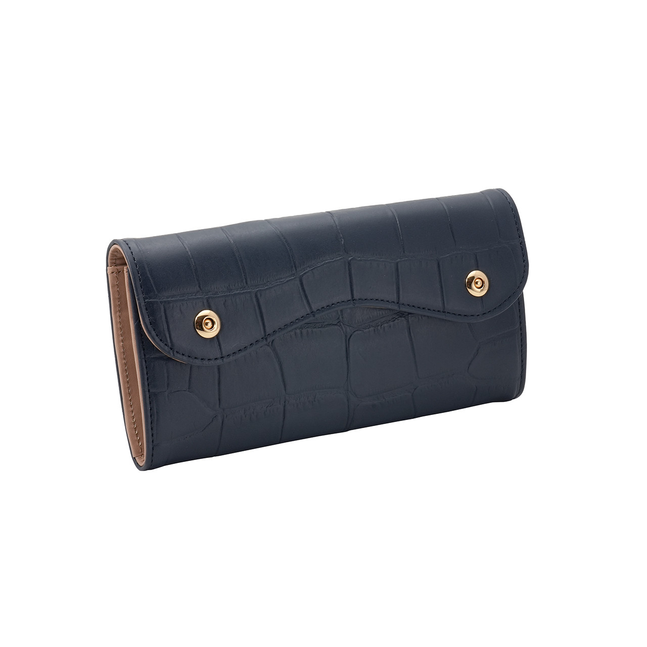 型押し クロコダイル マグネット２つボタン カブセ型 長財布　ネイビー