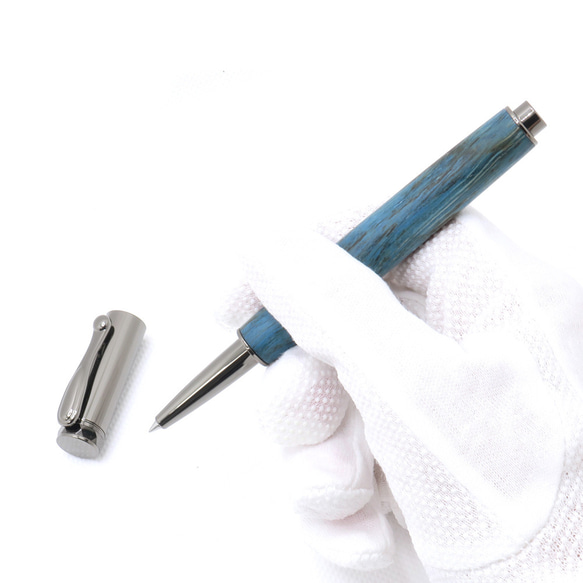 木頭水性圓珠筆 磁性筆帽（染成藍色的羅望子；炮銅色電鍍） 第4張的照片