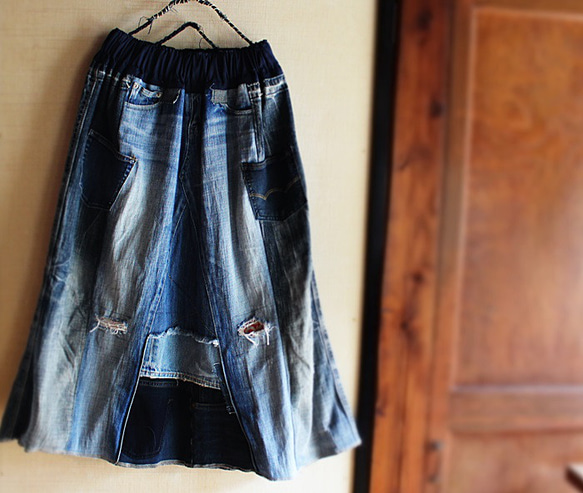 SAYOCAFE＋R/リメイクデニムパッチワークスカート ロング