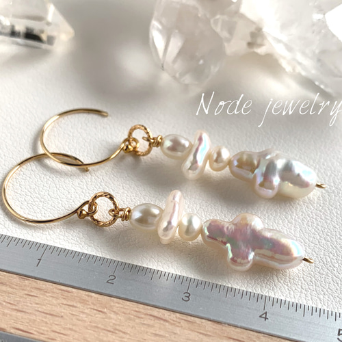 K14GF 淡水パール クロス コネクションピアス ピアス（フック