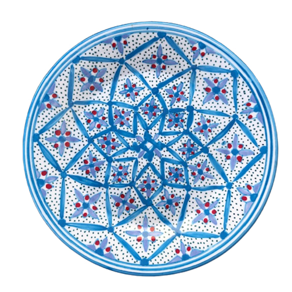 チュニジア・北アフリカ伝統絵付皿　24cm　平皿サークル　甘く人を酔わせる青と赤　55 8枚目の画像