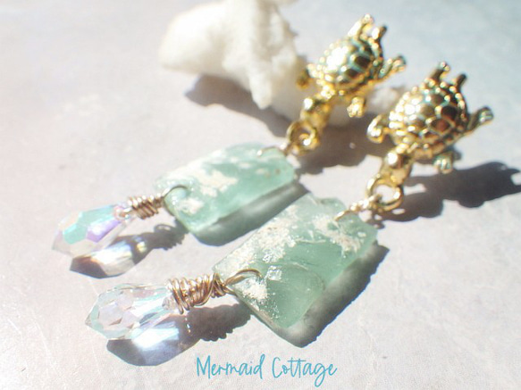 Honu &amp; Roman-Glass Rectangle Earrings ☆ 海龜和羅馬玻璃耳環 第1張的照片