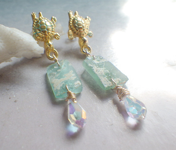 Honu & Roman-Glass Rectangle Earrings ☆海亀とローマングラスピアス 8枚目の画像