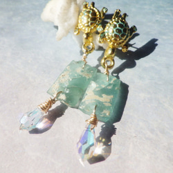 Honu & Roman-Glass Rectangle Earrings ☆海亀とローマングラスピアス 5枚目の画像