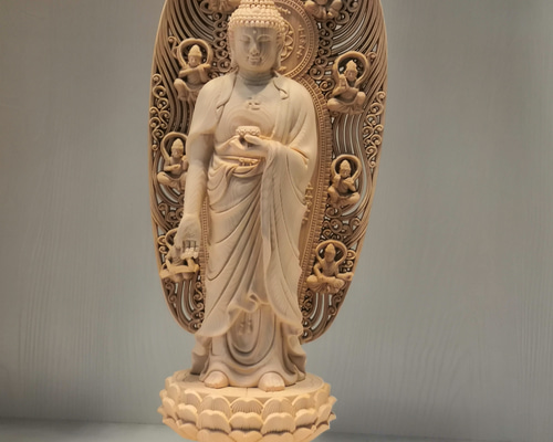 木彫り 仏像 西方三聖【観世音菩薩·阿彌陀仏·大至勢菩薩】彫刻