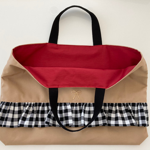 レッスンバック　フリル　ベージュ　チェック　女の子　入園入学グッズ 完成品 オシャレなレッスンバック ベージュ 女の子 チェック柄