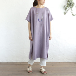 《限量1》亞麻圓領連衣裙成人寬鬆夏裝（紫色）OP19. 第2張的照片