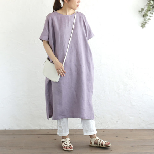 《限量1》亞麻圓領連衣裙成人寬鬆夏裝（紫色）OP19. 第4張的照片