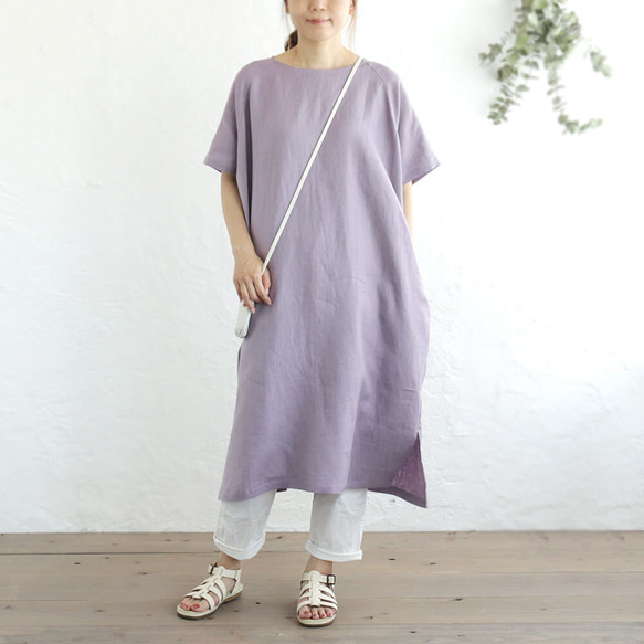 《限量1》亞麻圓領連衣裙成人寬鬆夏裝（紫色）OP19. 第5張的照片